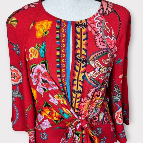 Desigual Red Floral Print Tie Front Dress Knee Length Long Sleeve Size 42 US 8 M - Picture 9 of 15